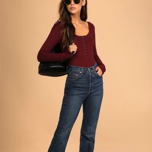 Lulus Simply the Best Long Sleeve Button Front scoop bodysuit, Burgundy, Medium - Picture 5 of 6